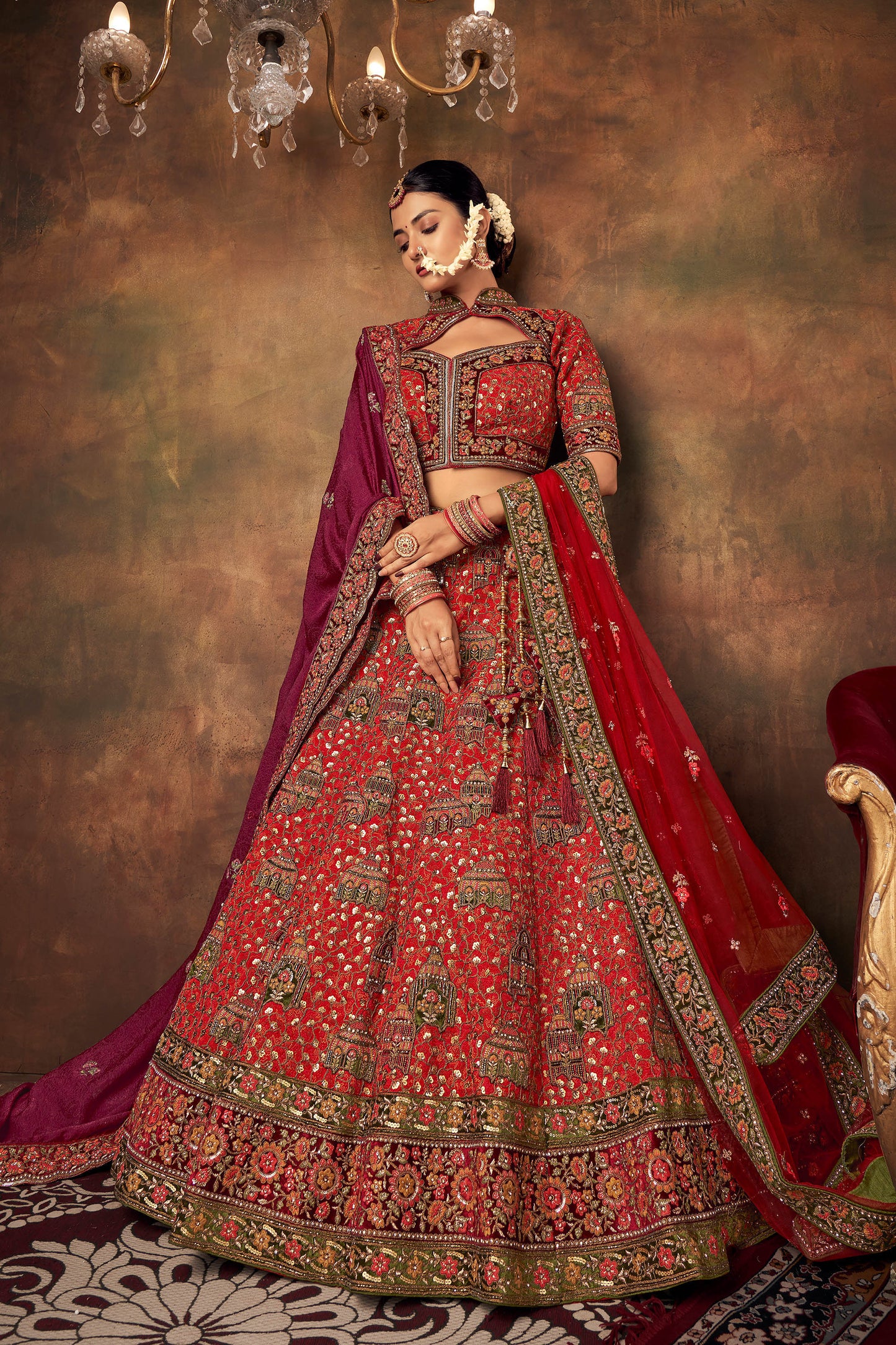 Red Silk Hand Embroidered Heavy Bridal Lehenga with Velvet and Net Dupatta