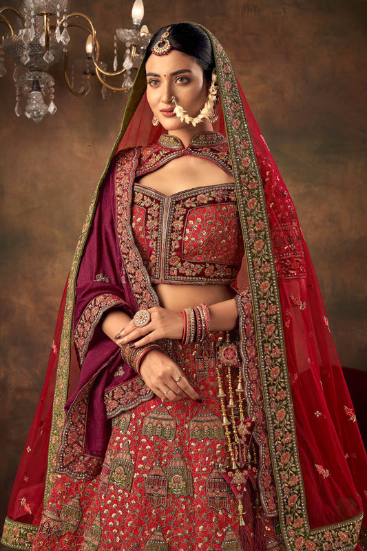 Red Silk Hand Embroidered Heavy Bridal Lehenga with Velvet and Net Dupatta
