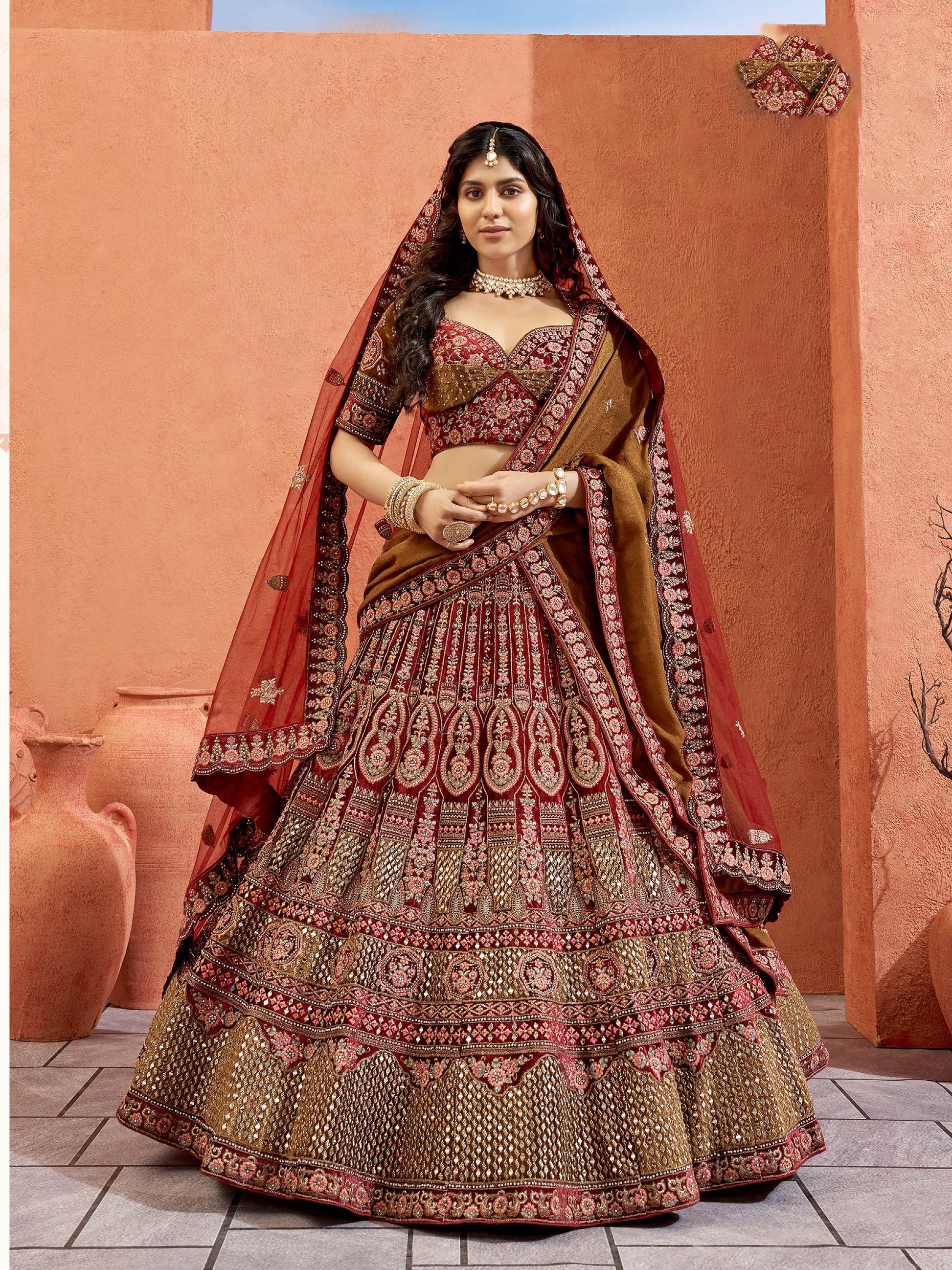 Maroon Velvet Zarkan Hand Embroidered Heavy Bridal Lehenga with