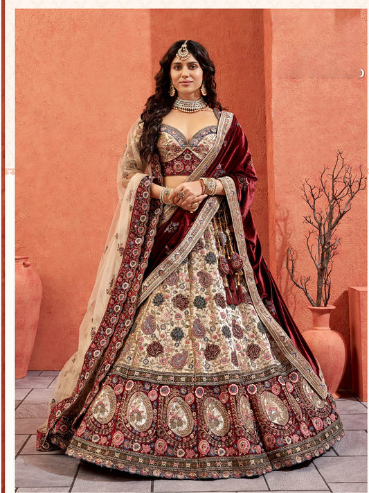 Chickoo Velvet Hand Embroidered Heavy Bridal Lehenga with Double Dupatta