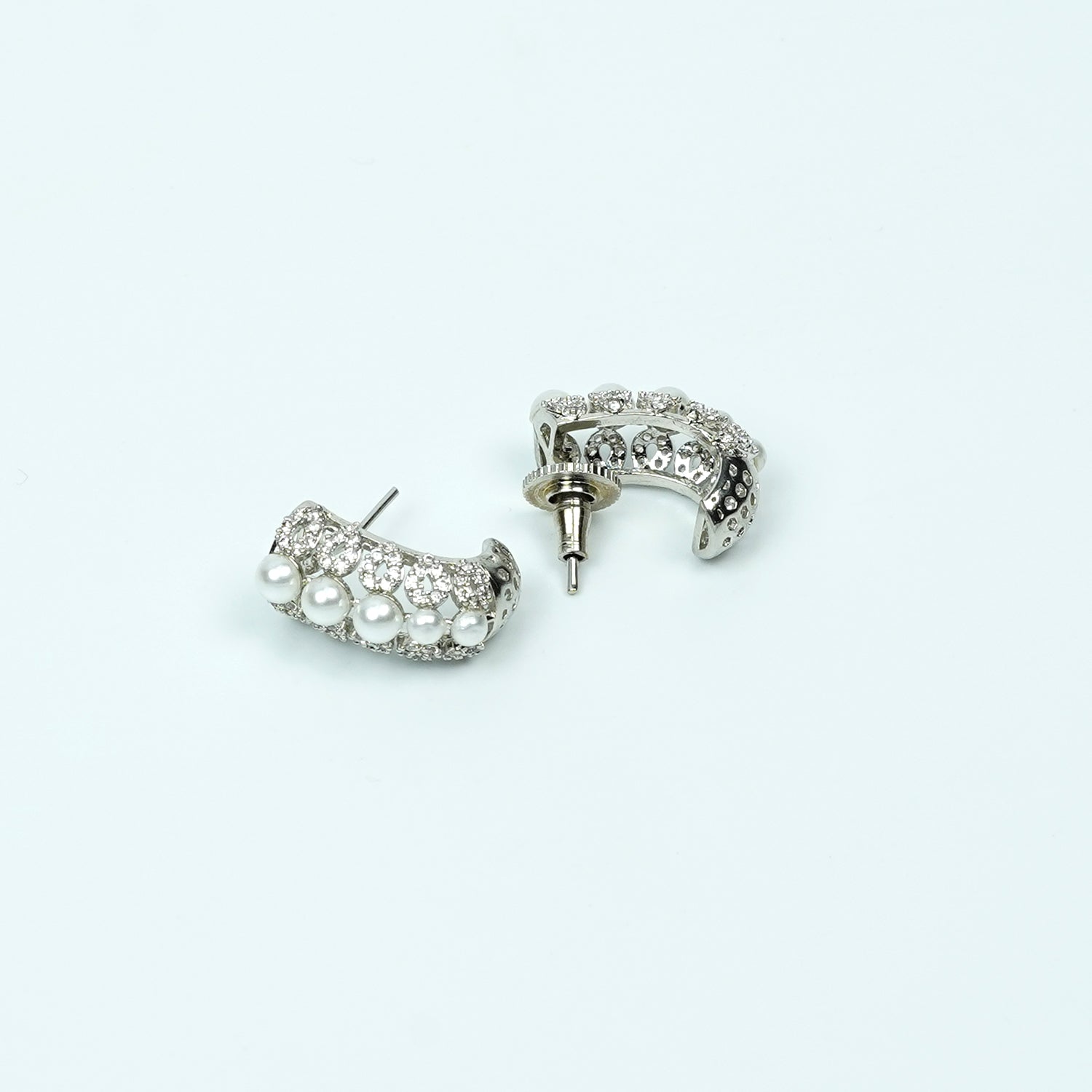 Zevar Club Rhodium-Plated Handcrafted Cubic Zirconia & Pearl Studded Huggie Hoop Earrings