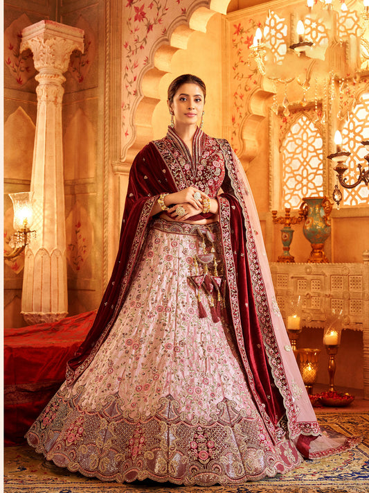 Pink Velvet Zarkan Hand Embroidered Heavy Bridal Lehenga with Velvet and Bet Dupatta