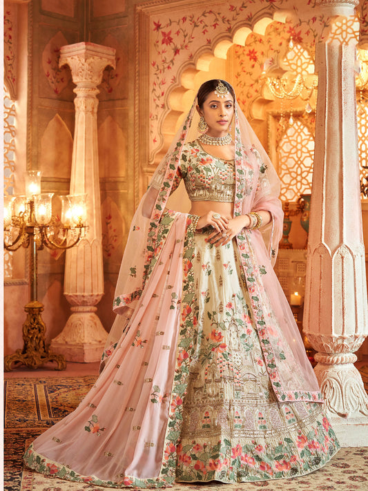 Chickoo Silk Hand Embroidered Heavy Bridal Lehenga with Net Dupatta