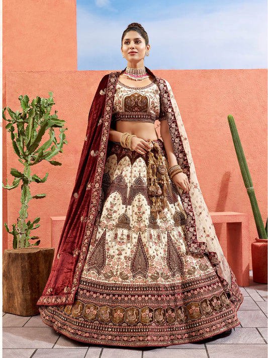 Chickoo Silk Hand Embroidered Heavy Bridal Lehenga with Velvet and Net Dupatta
