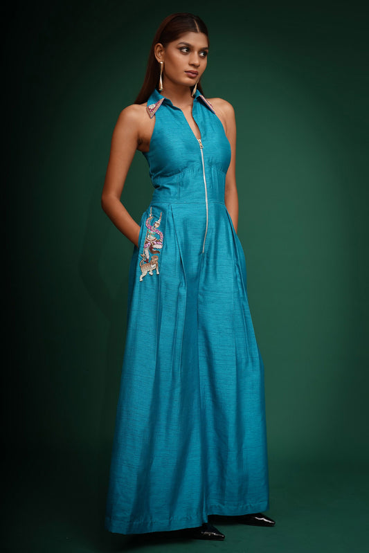 Warrior Teal Blue  Dupion Dabka, Cutdana Work Party Wear Jumpsuit