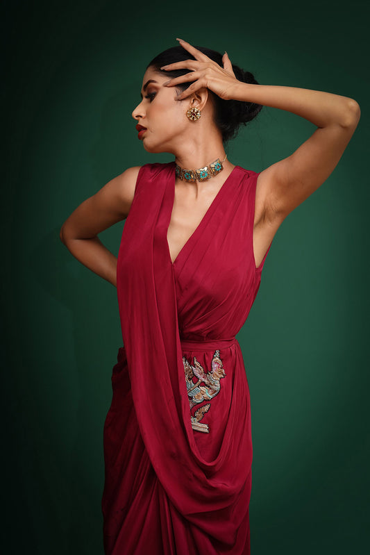 Garuda Magenta Hand Embroidered Georgette Satin Drape Dress With Belt
