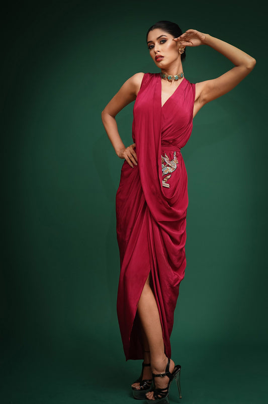 Garuda Magenta Hand Embroidered Georgette Satin Drape Dress With Belt