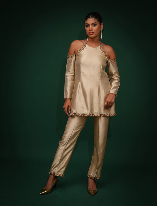 Golden Hour Green Zardozi  Embroidred Satin Cut-Shoulder Co-Ord Set