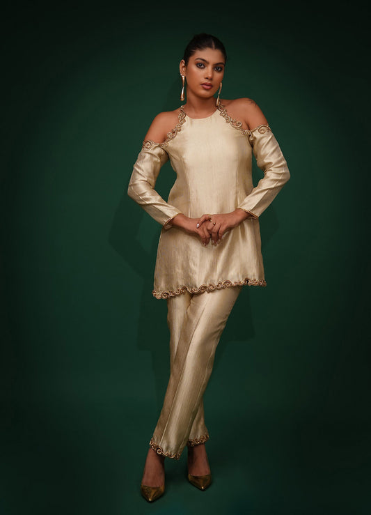 Golden Hour Green Zardozi  Embroidred Satin Cut-Shoulder Co-Ord Set