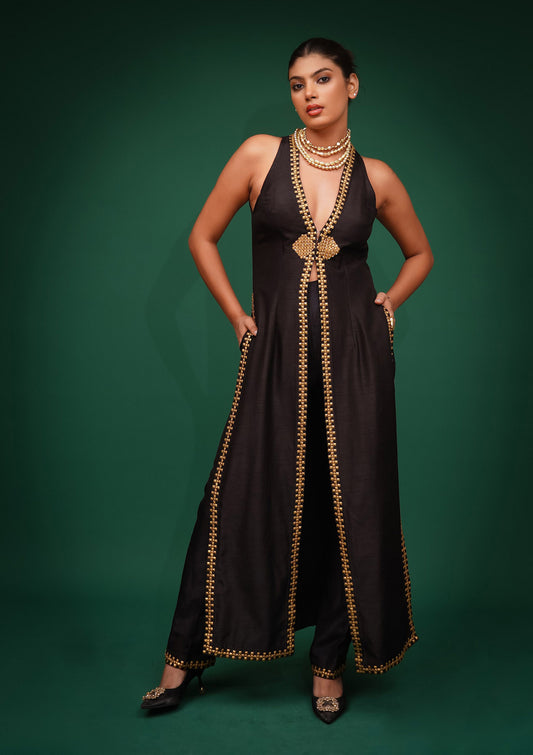 Black Metallica Embroidery Dupion Sangeet Jacket & Pants