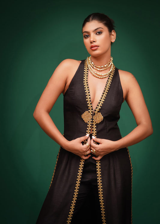 Black Metallica Embroidery Dupion Sangeet Jacket & Pants