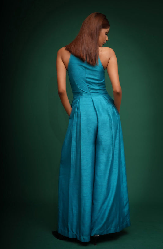 Warrior Teal Blue  Dupion Dabka, Cutdana Work Party Wear Jumpsuit