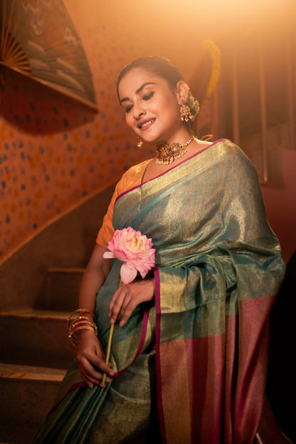 Padma Green Tissue Linen  Handloom saree