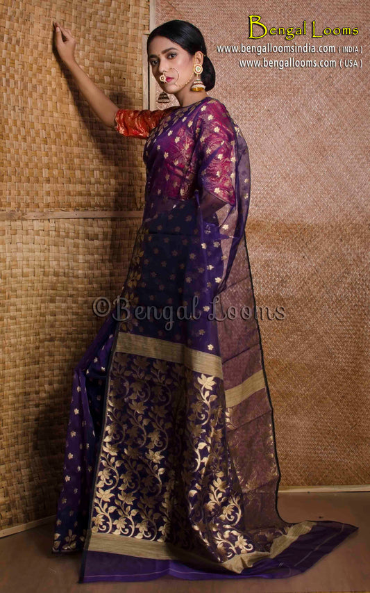 Belpata Nakshi Muslin Jamdani Saree in Blue and Gold
