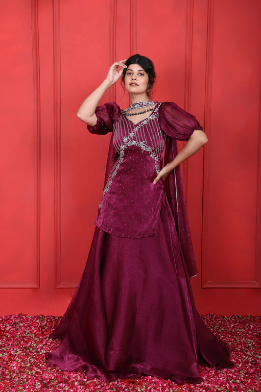 Pansy Purple Heavy Hand Embroidered Puff Sleeves Kurta With Lehenga Set