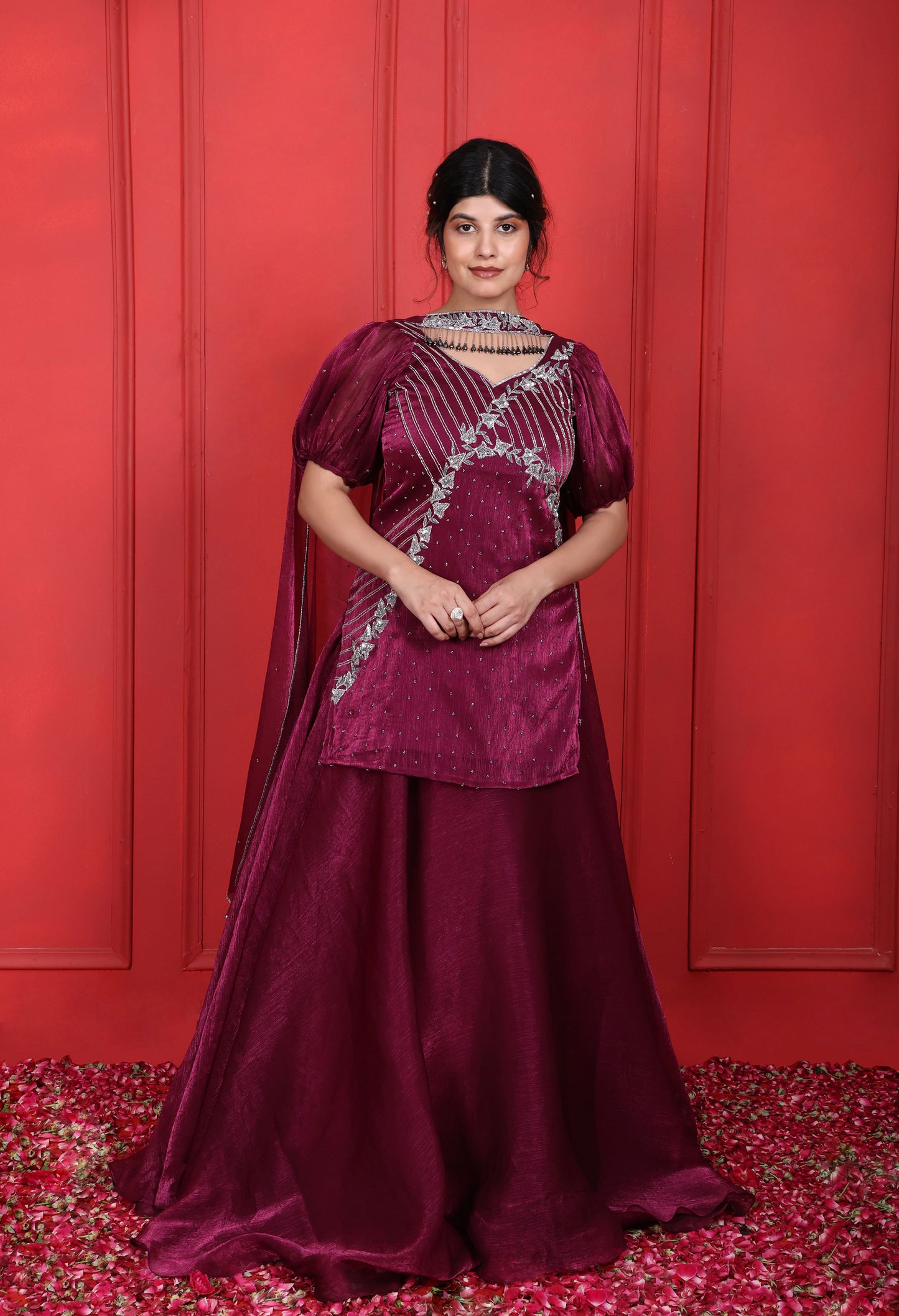 Pansy Purple Heavy Hand Embroidered Puff Sleeves Kurta With Lehenga Set