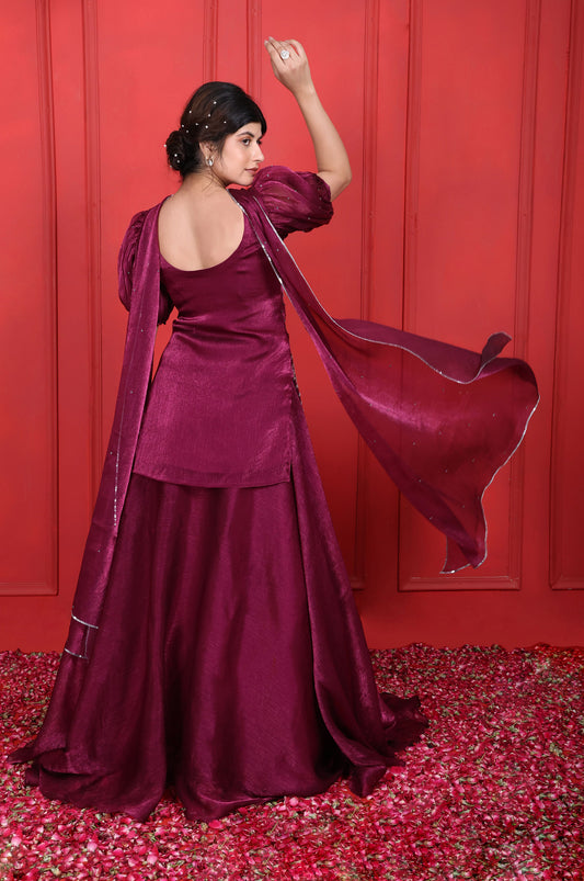 Pansy Purple Heavy Hand Embroidered Puff Sleeves Kurta With Lehenga Set