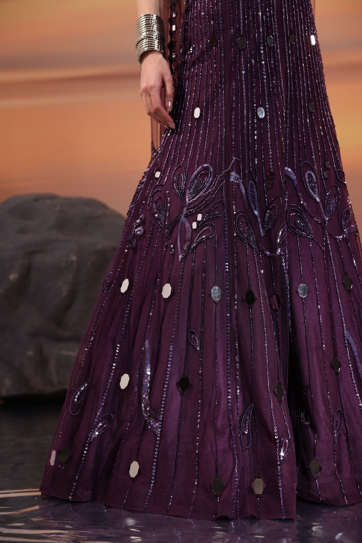 Dark Purple Heavy Mirror & Bead Embellished Tulle Bridal Lehenga for Sangeet