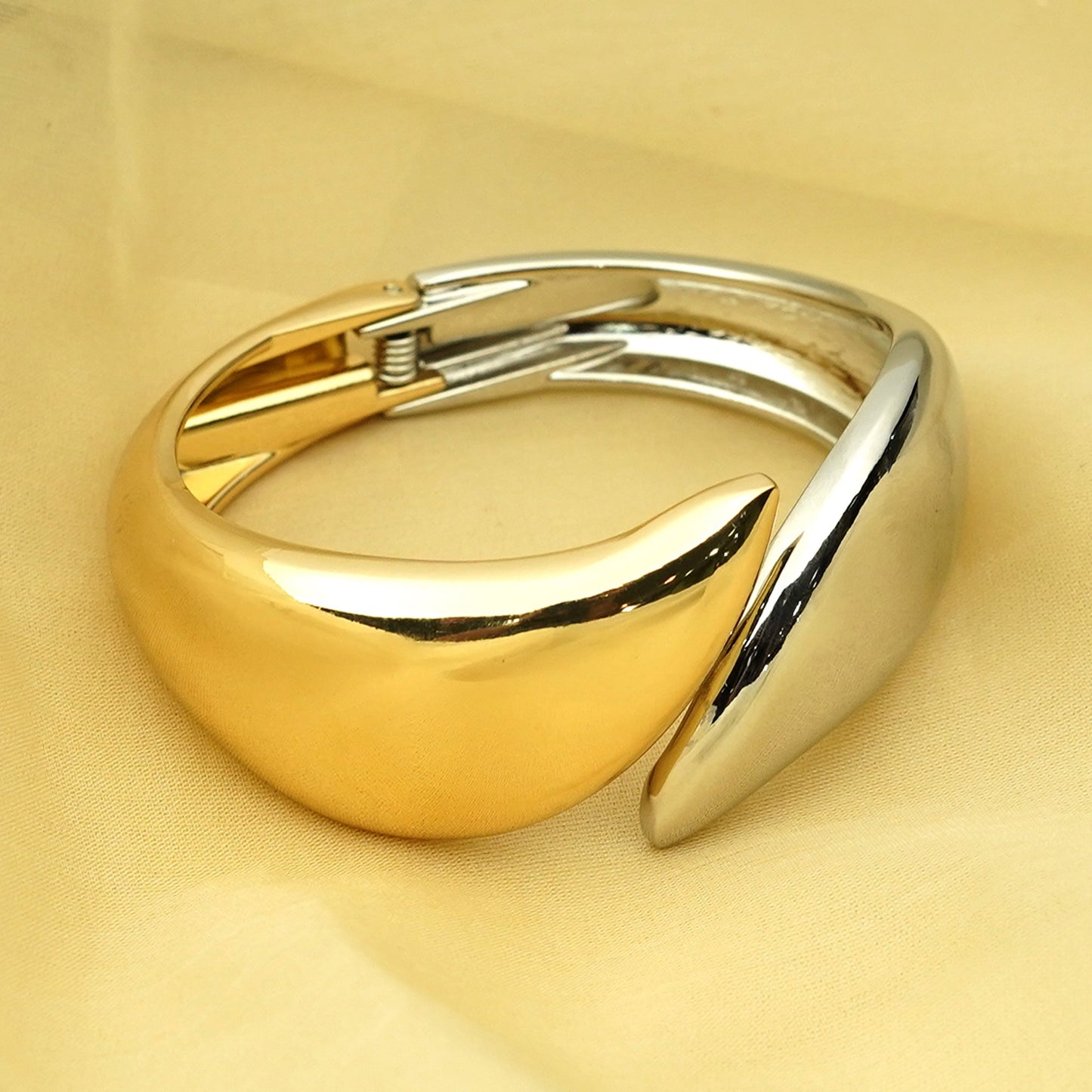 Zevar Club Gold & Silver Dual Tone Stainless Steel Tarnish Free Waterproof Glossy Curved Openable Statement Bracelet for Women