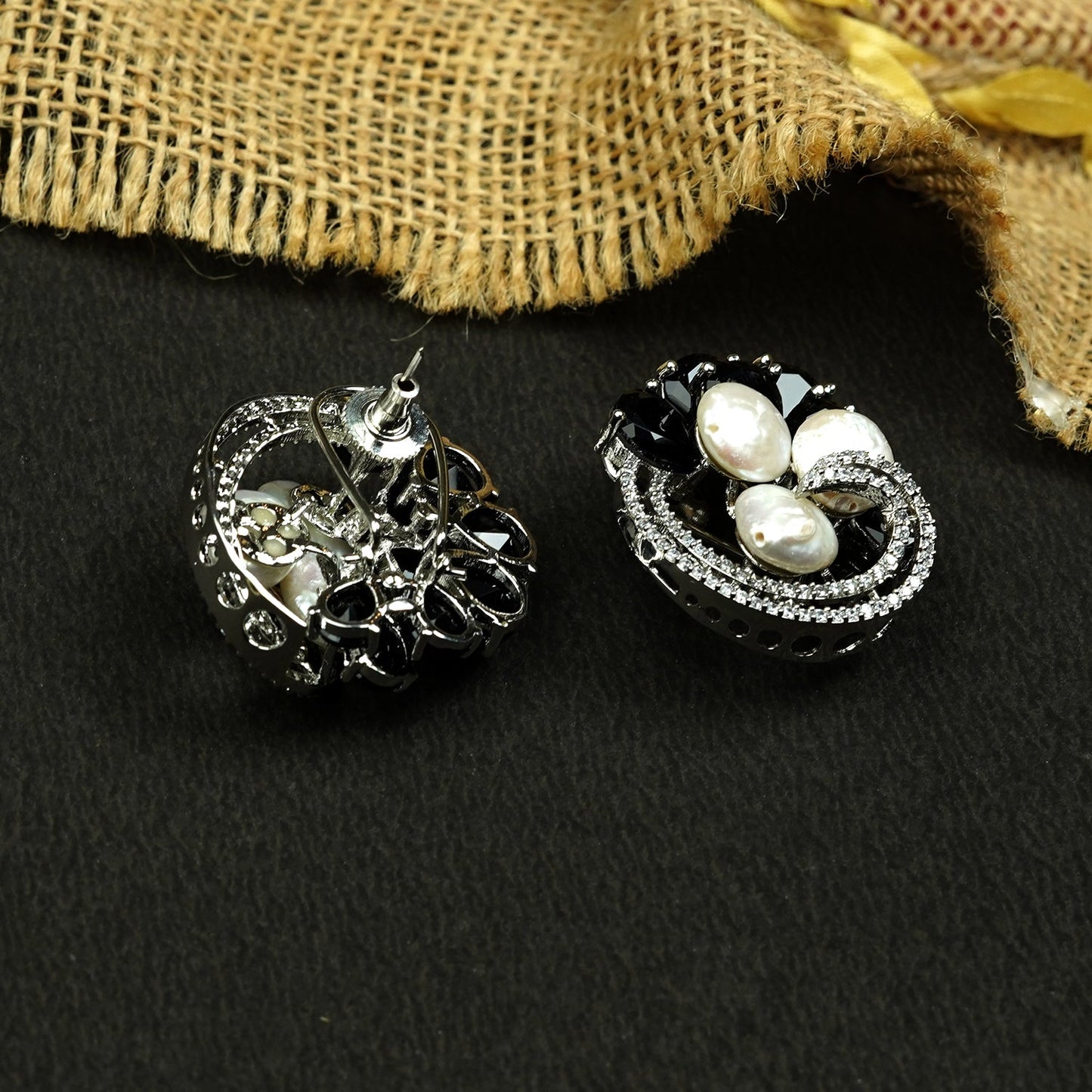 Zevar Club Rhodium-Plated Handcrafted Baroque Pearl & Black Crystal Cubic Zirconia Swirl Stud Earrings