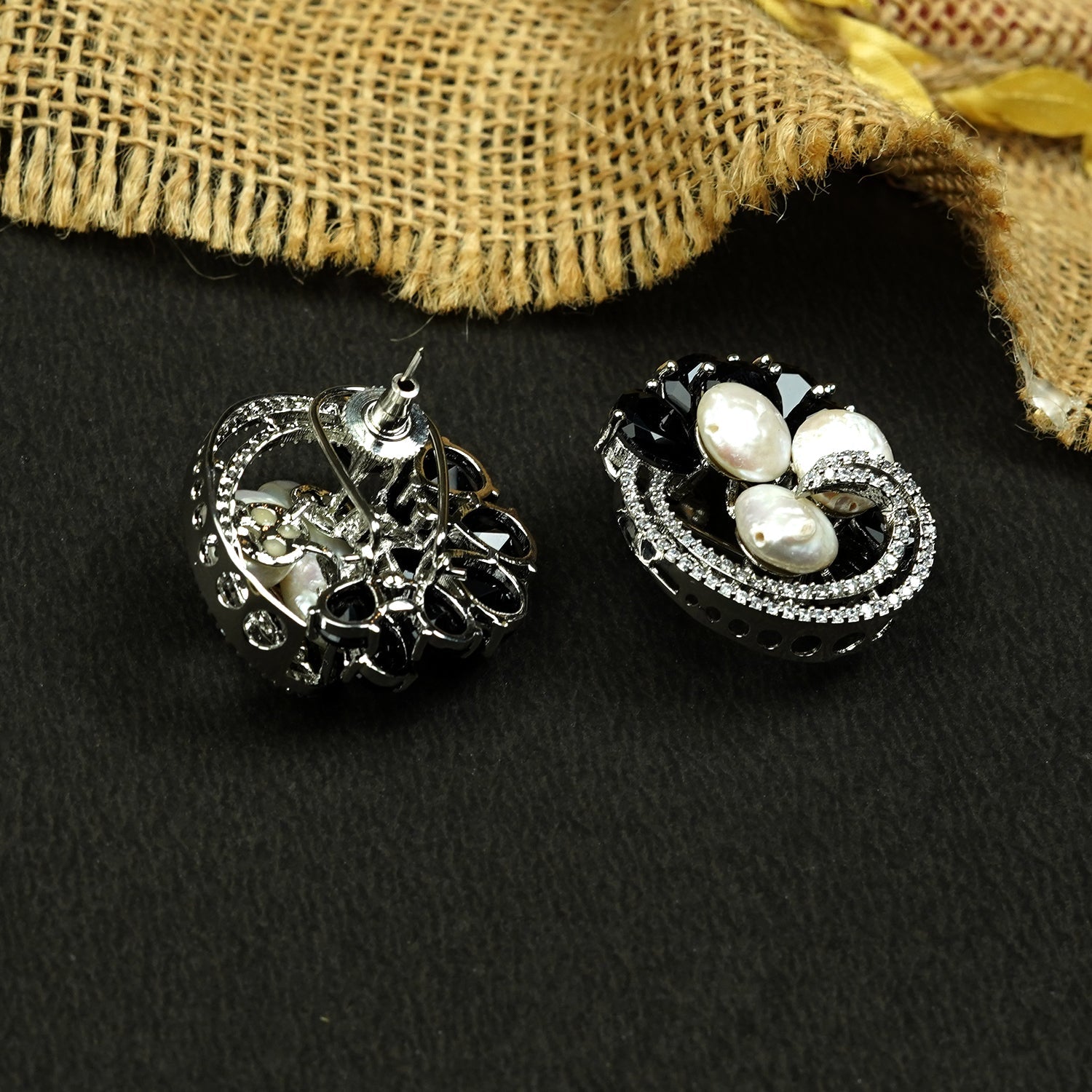 Zevar Club Rhodium-Plated Handcrafted Baroque Pearl & Black Crystal Cubic Zirconia Swirl Stud Earrings