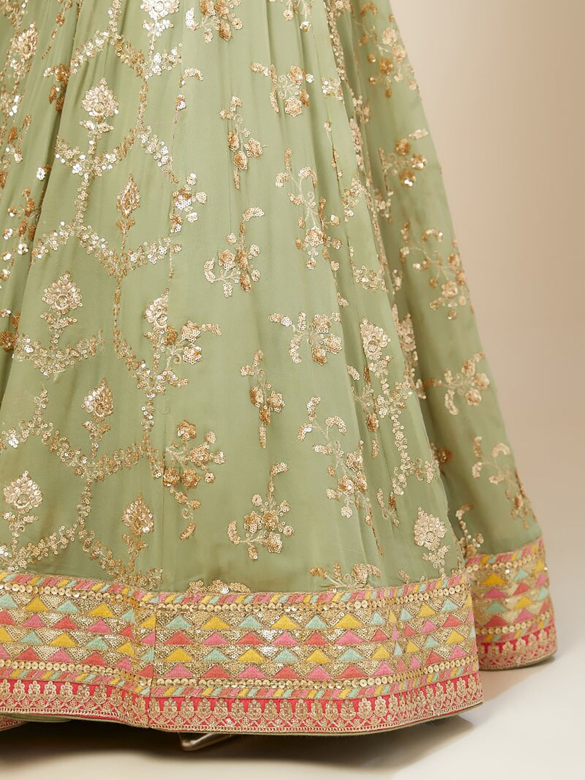 Pista Green & Yellow Georgette Zari & Sequins Work Wedding Guest Lehenga Choli
