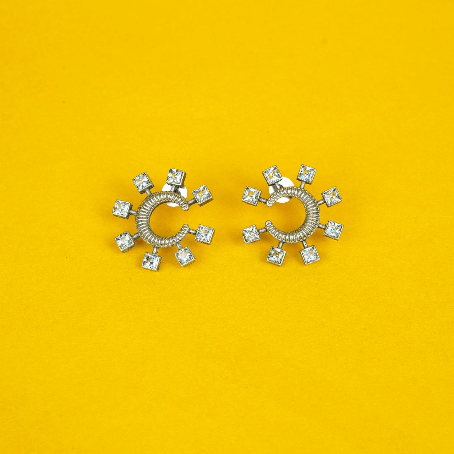 Zevar Club Oxidised Silver-Plated Textured Half-Hoop AD Studded Earrings