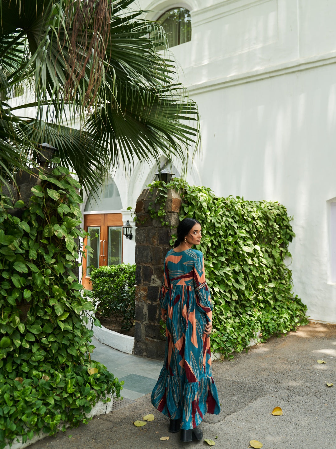 Turquoise Digital Printed Viscose Satin with hand embroidery dress