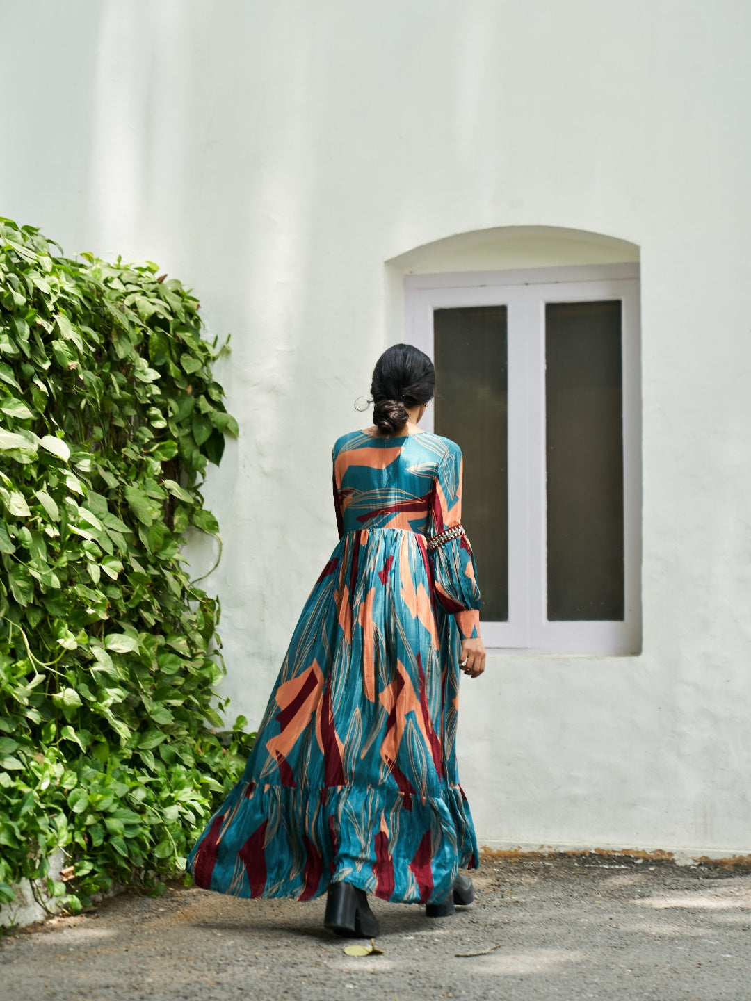 Turquoise Digital Printed Viscose Satin with hand embroidery dress