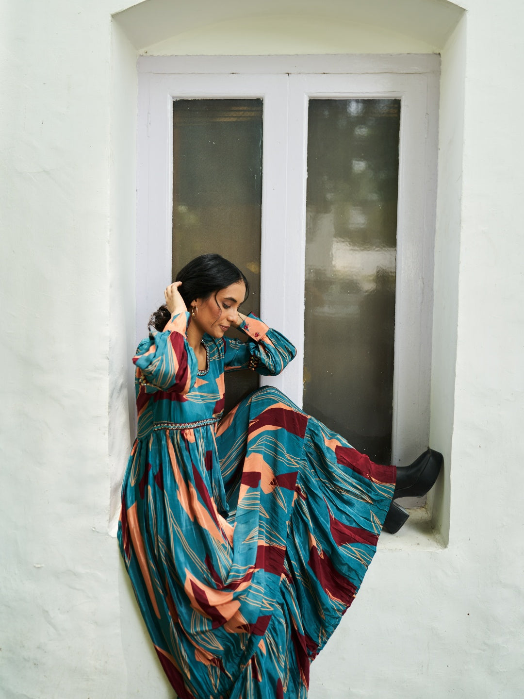 Turquoise Digital Printed Viscose Satin with hand embroidery dress