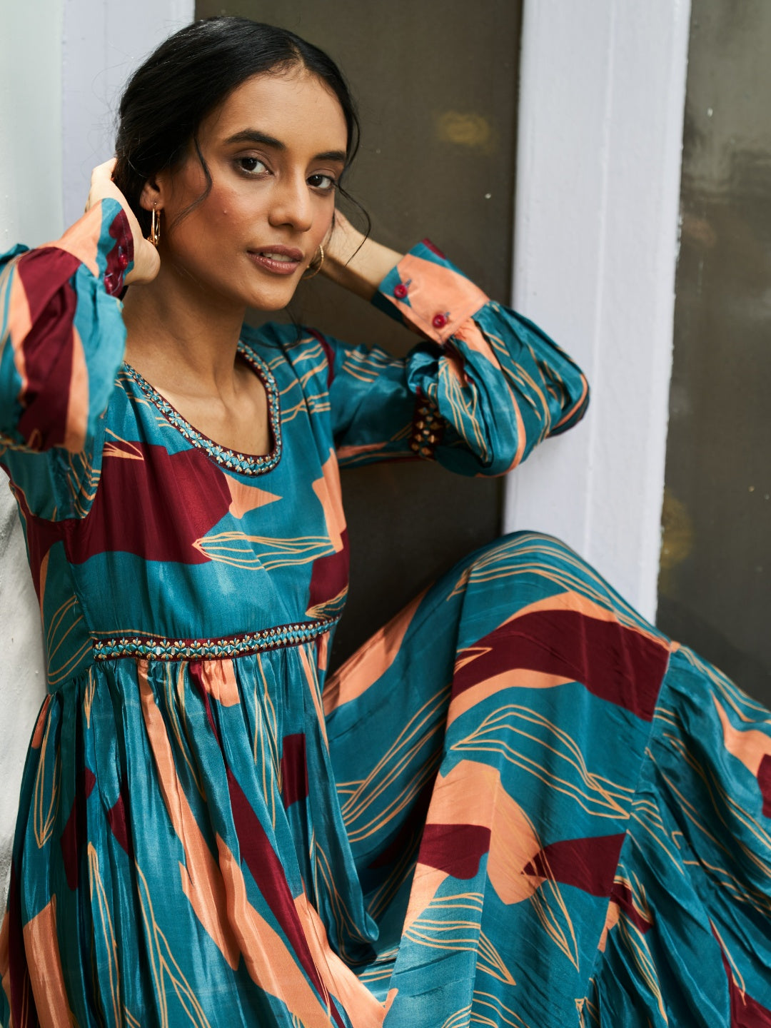 Turquoise Digital Printed Viscose Satin with hand embroidery dress