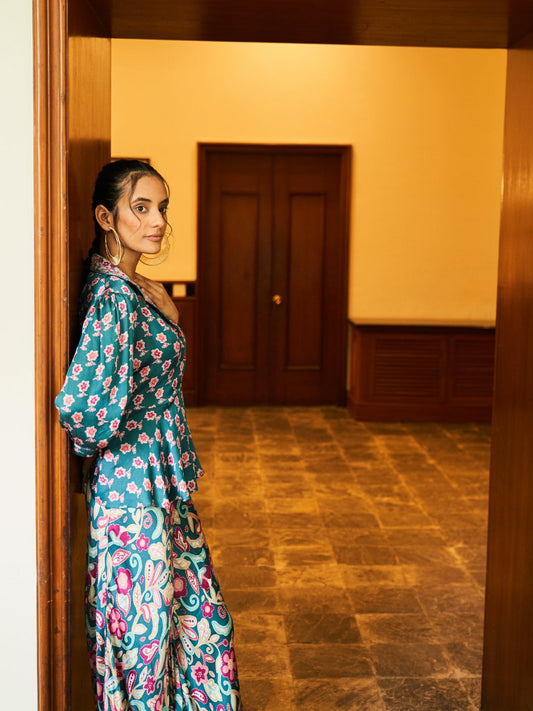 Turquoise Digital Printed Viscose Satin With Hand Embroidery Co-ords Set