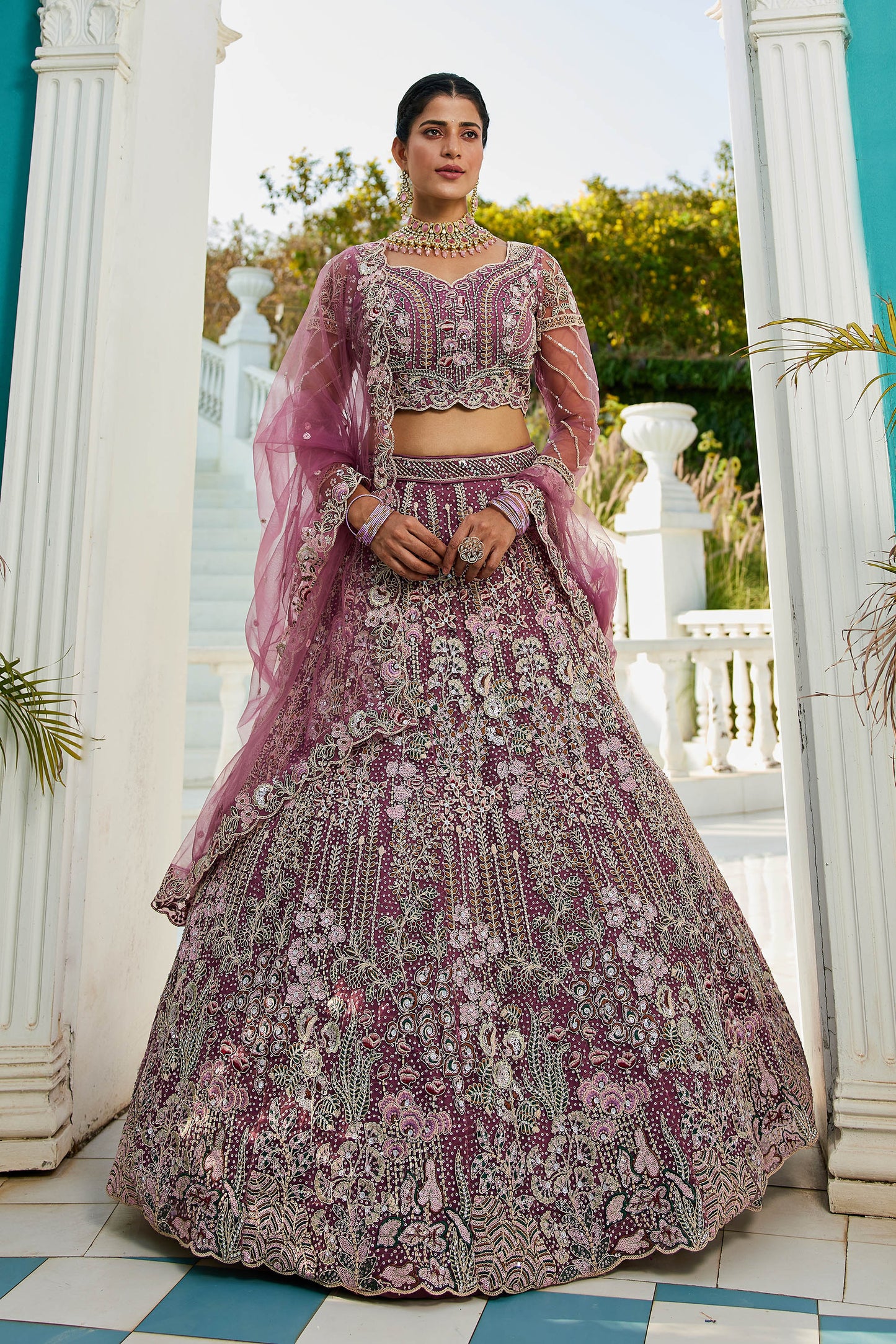 Lavender net and Coding & Zarkan embroidery Lehenga choli & Dupatta