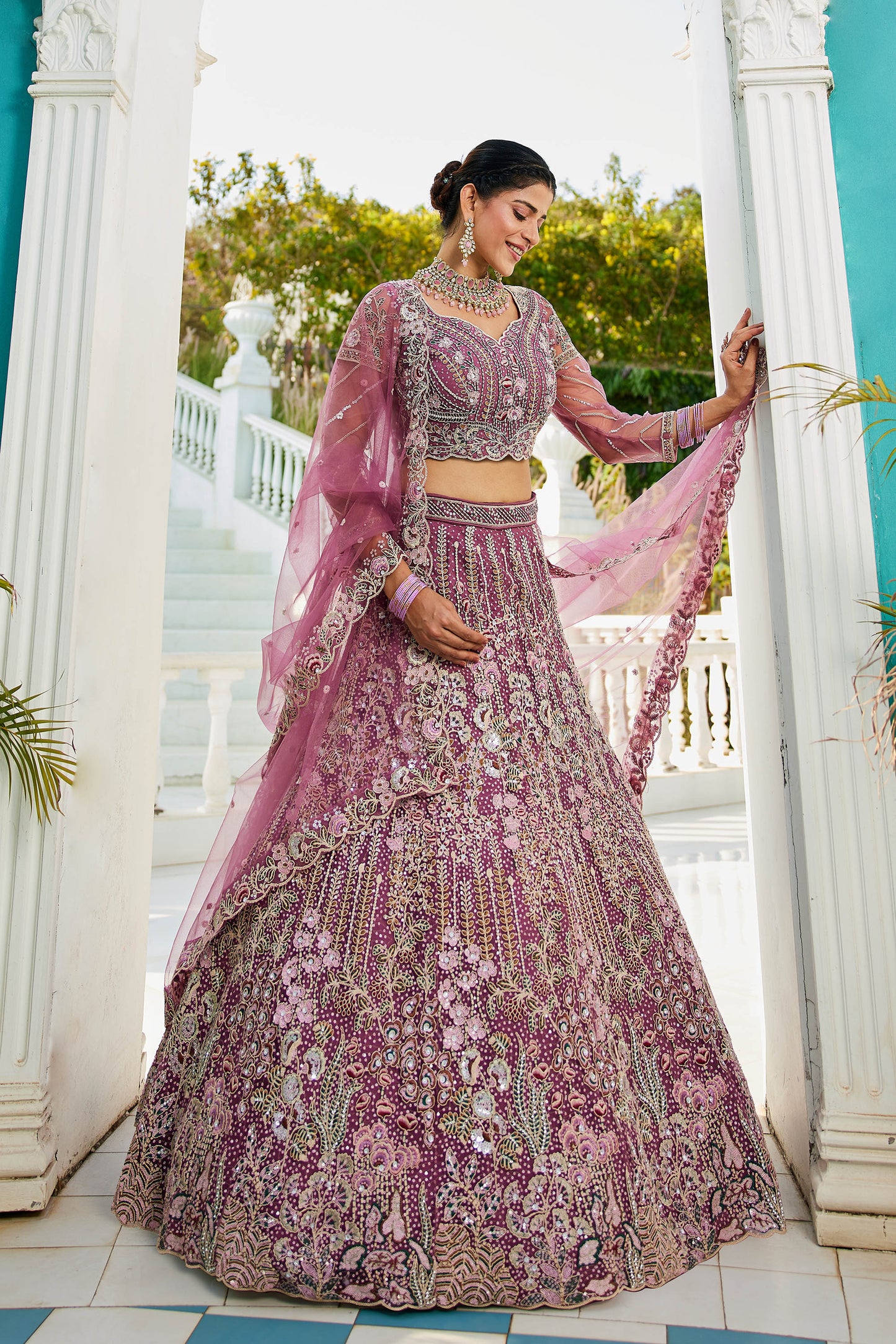 Lavender net and Coding & Zarkan embroidery Lehenga choli & Dupatta