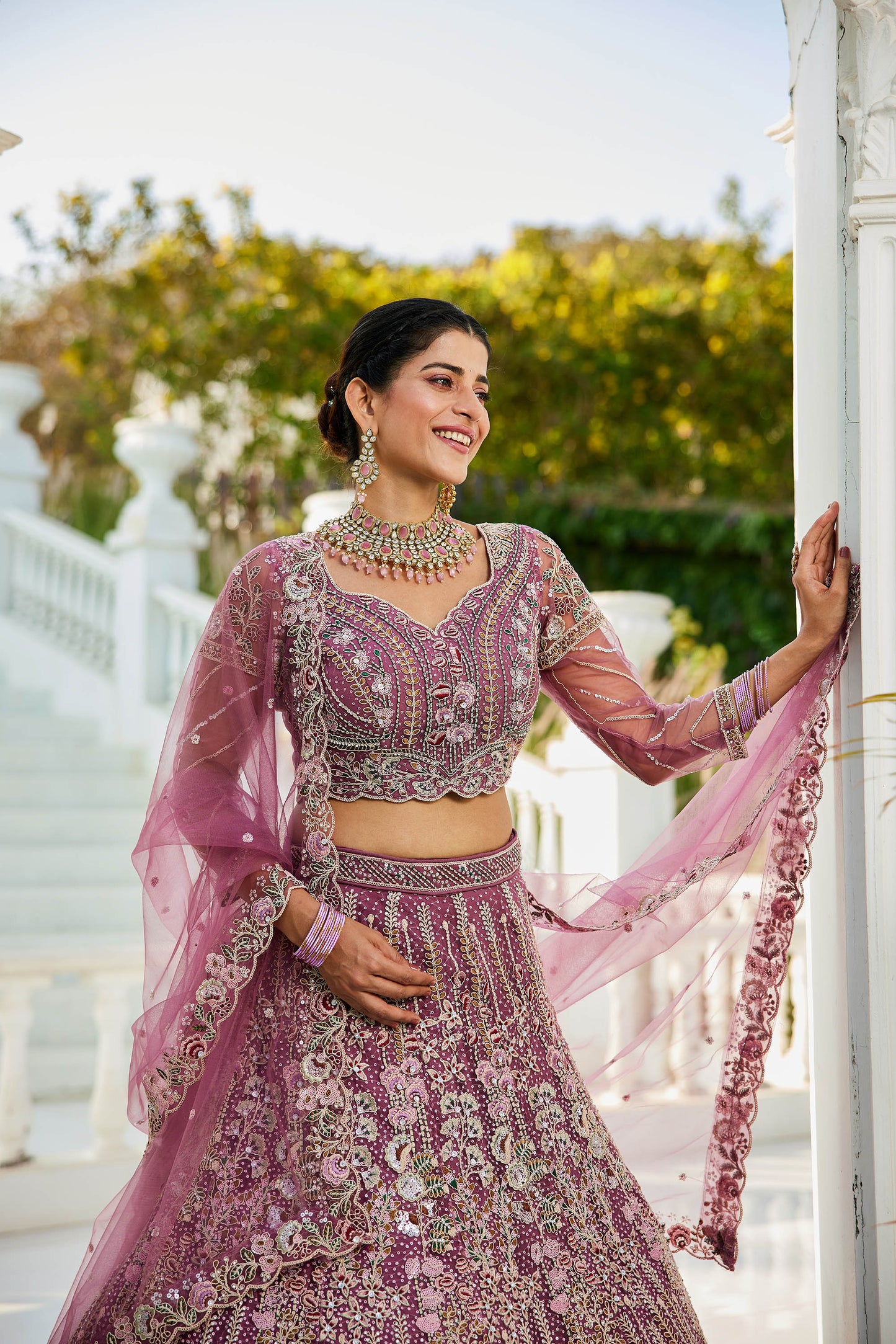 Lavender net and Coding & Zarkan embroidery Lehenga choli & Dupatta