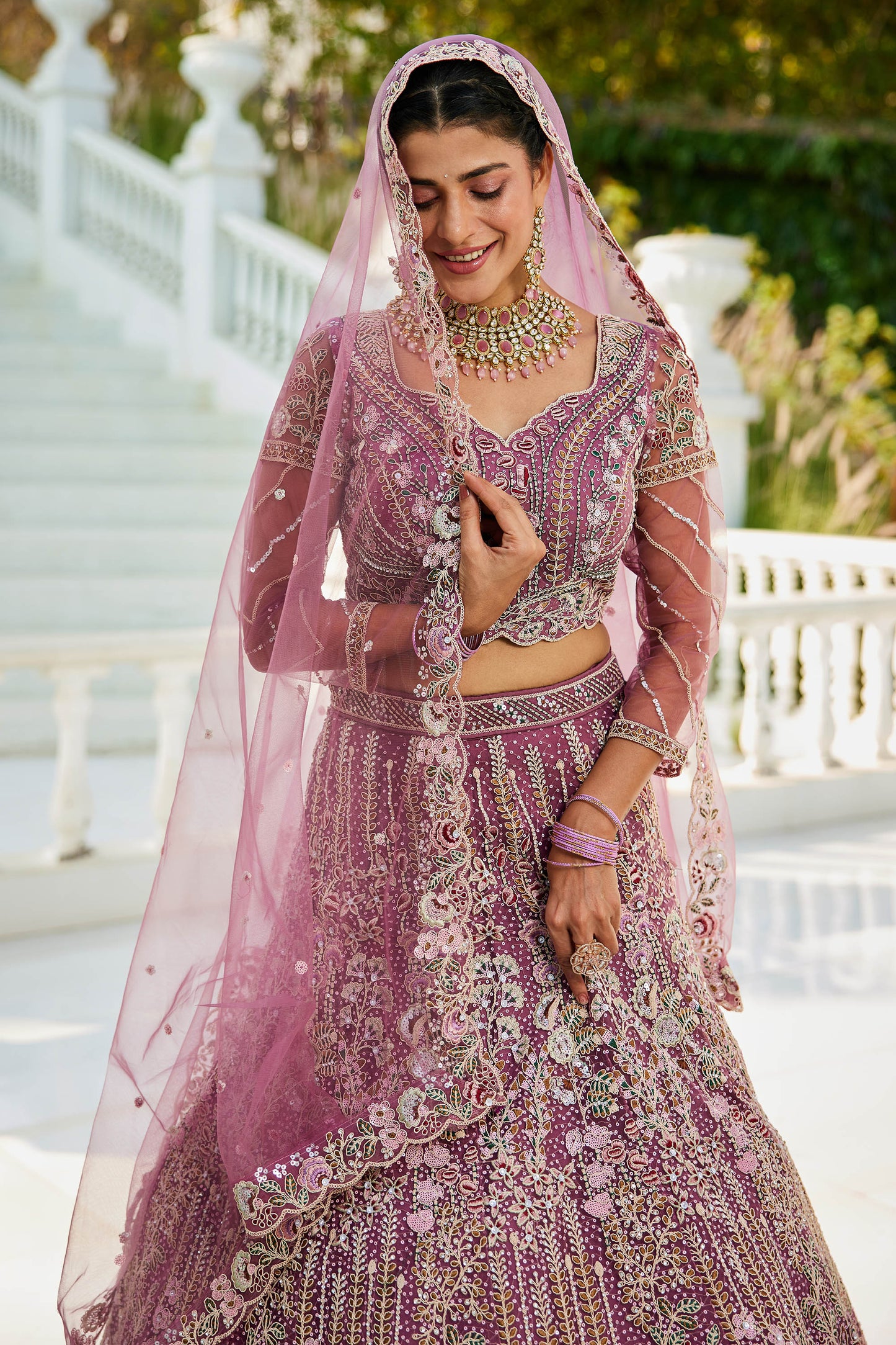 Lavender net and Coding & Zarkan embroidery Lehenga choli & Dupatta