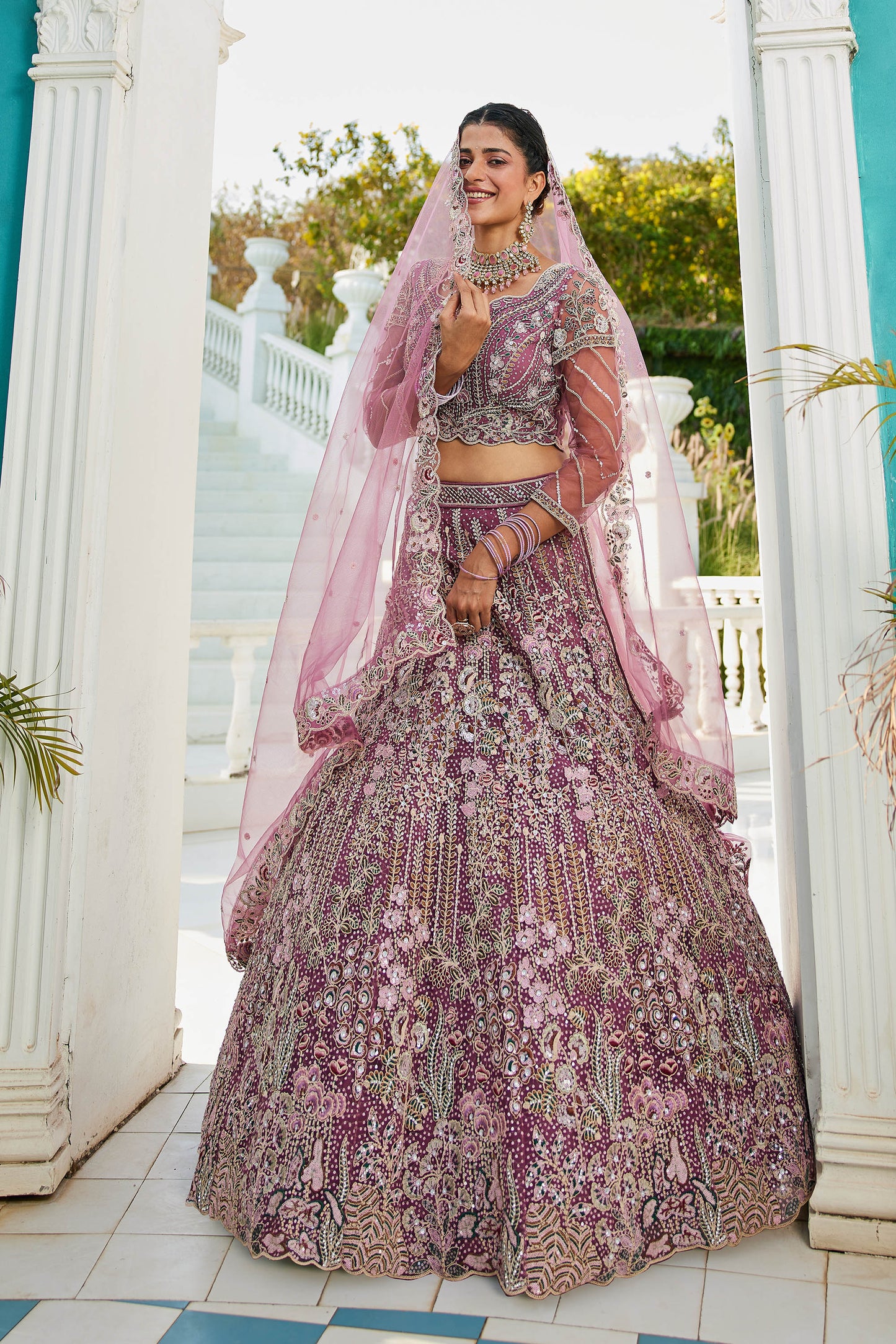 Lavender net and Coding & Zarkan embroidery Lehenga choli & Dupatta