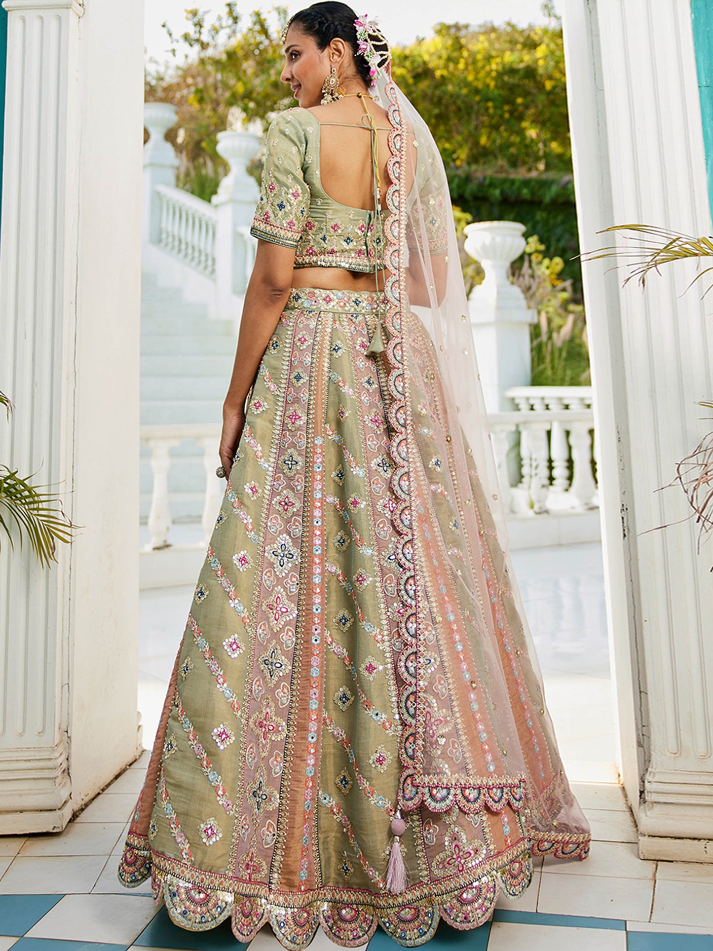 Multi colour Bridel net and Gotapatti & Moti embroidery Lehenga choli & Dupatta