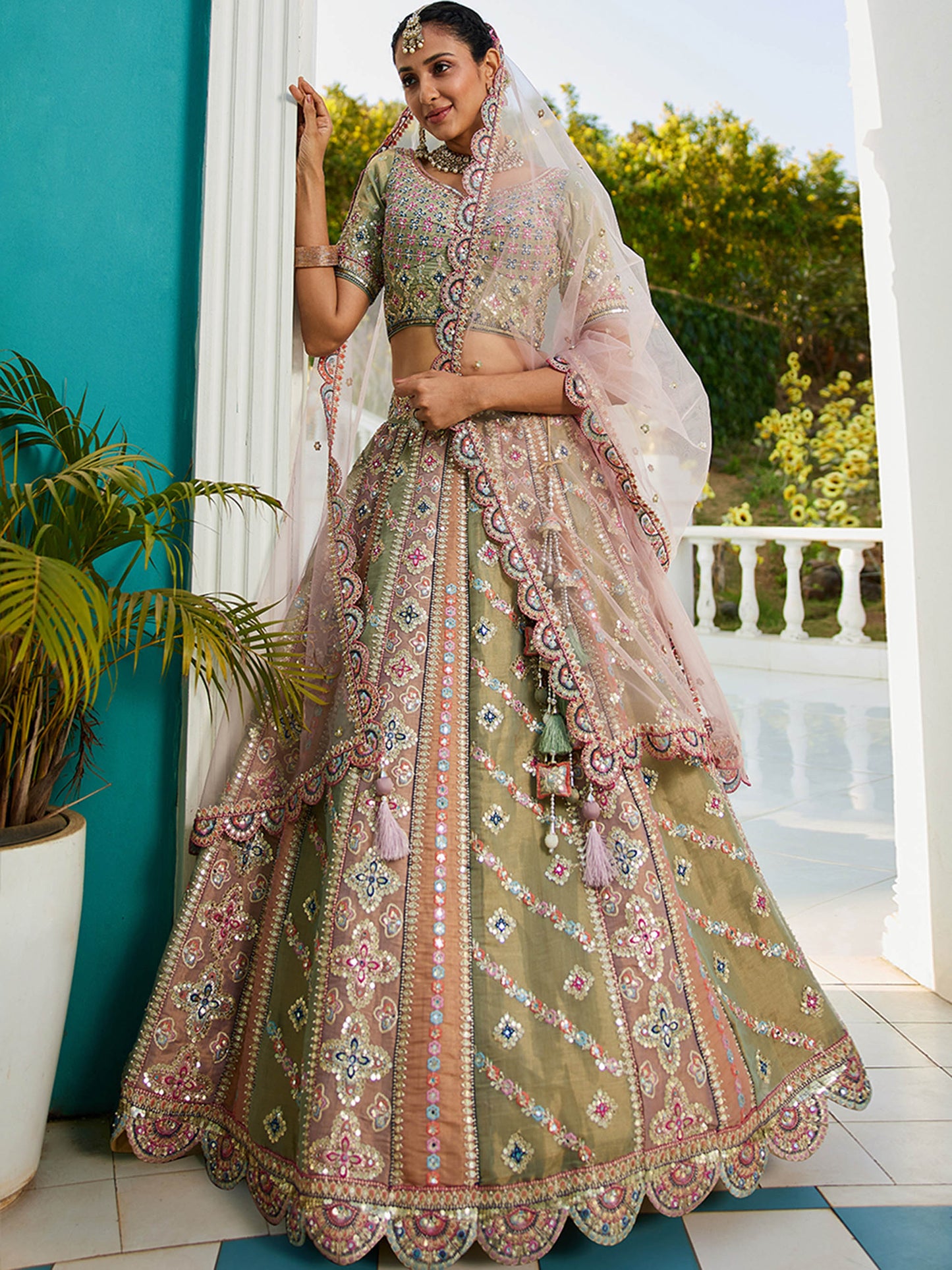 Multi colour Bridel net and Gotapatti & Moti embroidery Lehenga choli & Dupatta
