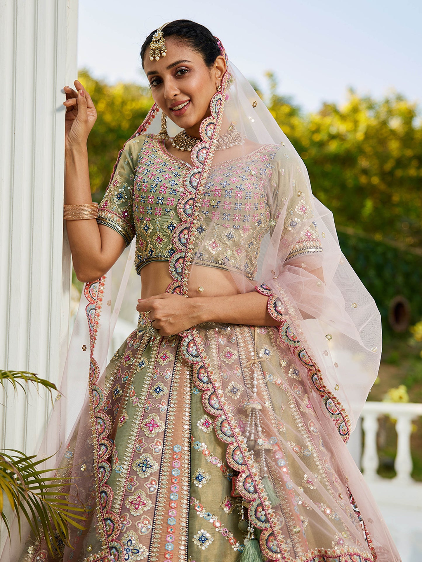 Multi colour Bridel net and Gotapatti & Moti embroidery Lehenga choli & Dupatta