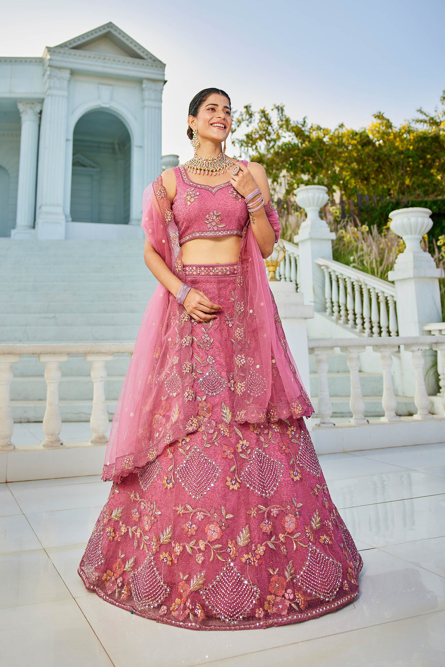 Pink net with Coding & Zarkan embroidery Lehenga choli & Dupatta