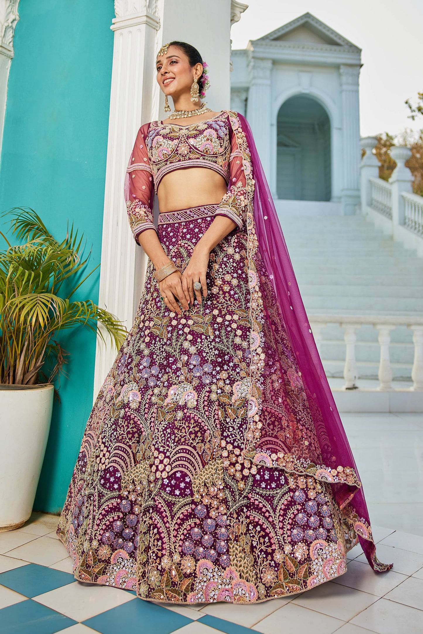 Burgundy net with Coding & Zarkan embroidery Lehenga choli & Dupatta