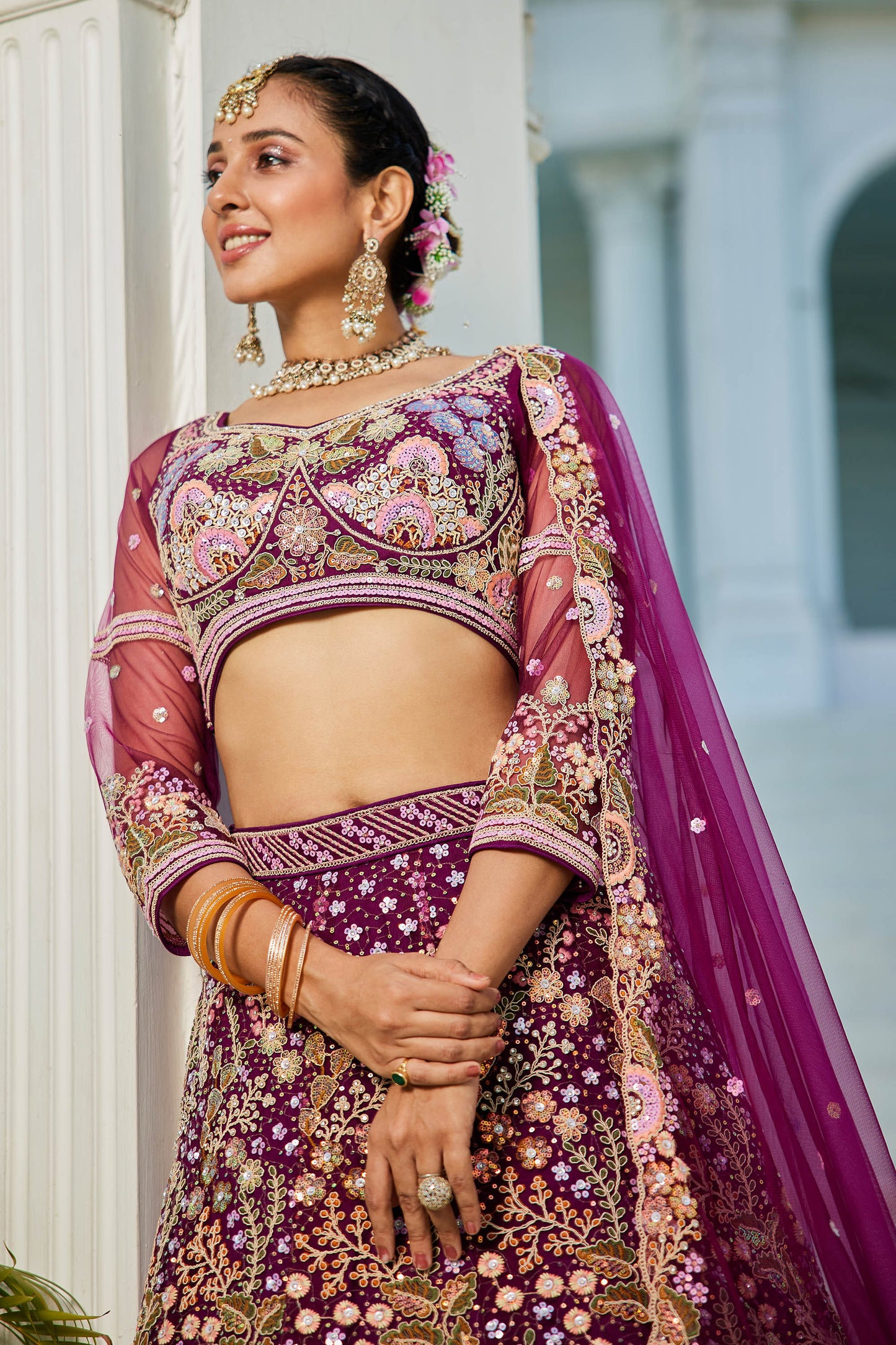 Burgundy net with Coding & Zarkan embroidery Lehenga choli & Dupatta