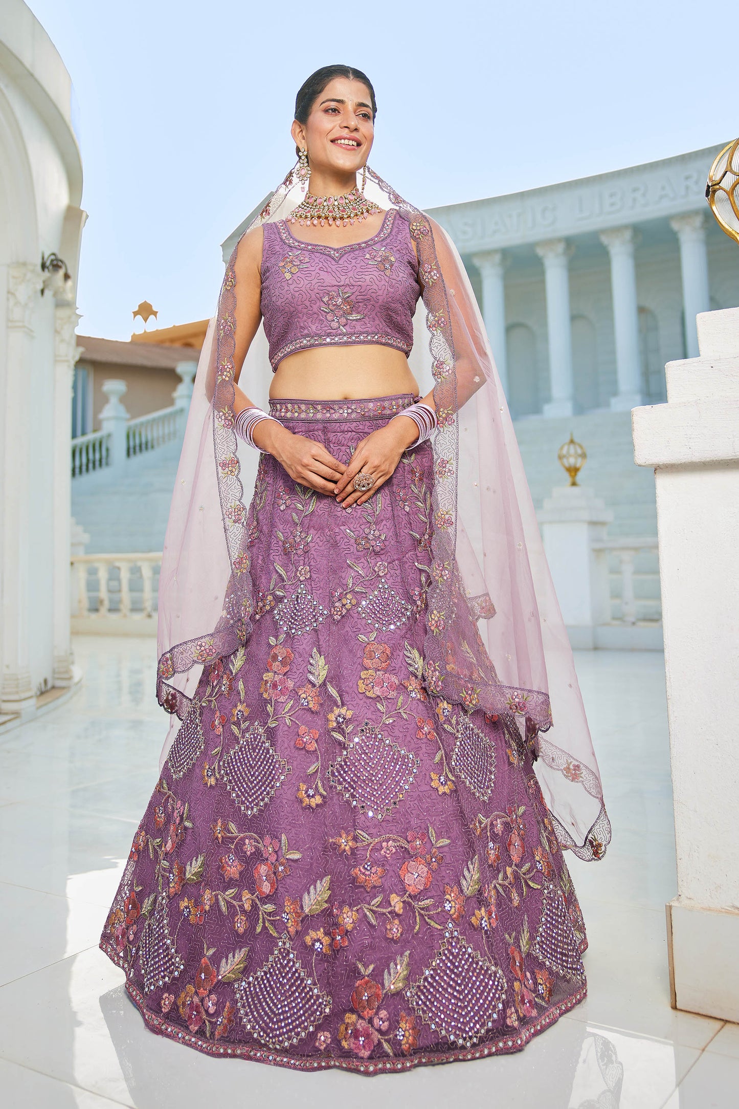 Purple net with Coding & Zarkan embroidery Lehenga choli & Dupatta