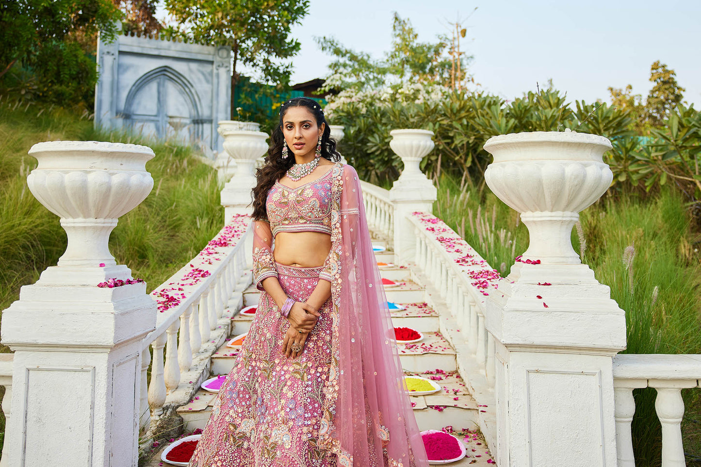 Pink net with Coding & Zarkan embroidery Lehenga choli & Dupatta