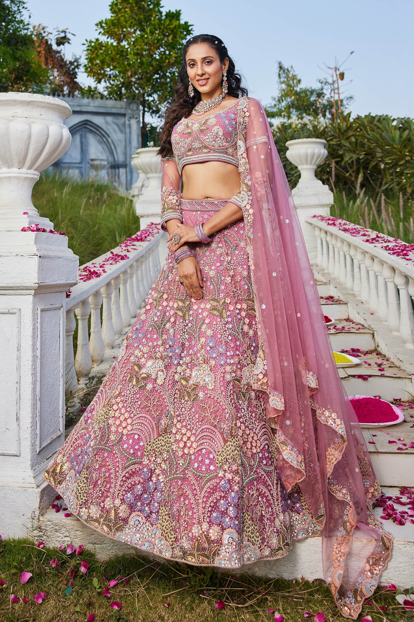 Pink net with Coding & Zarkan embroidery Lehenga choli & Dupatta