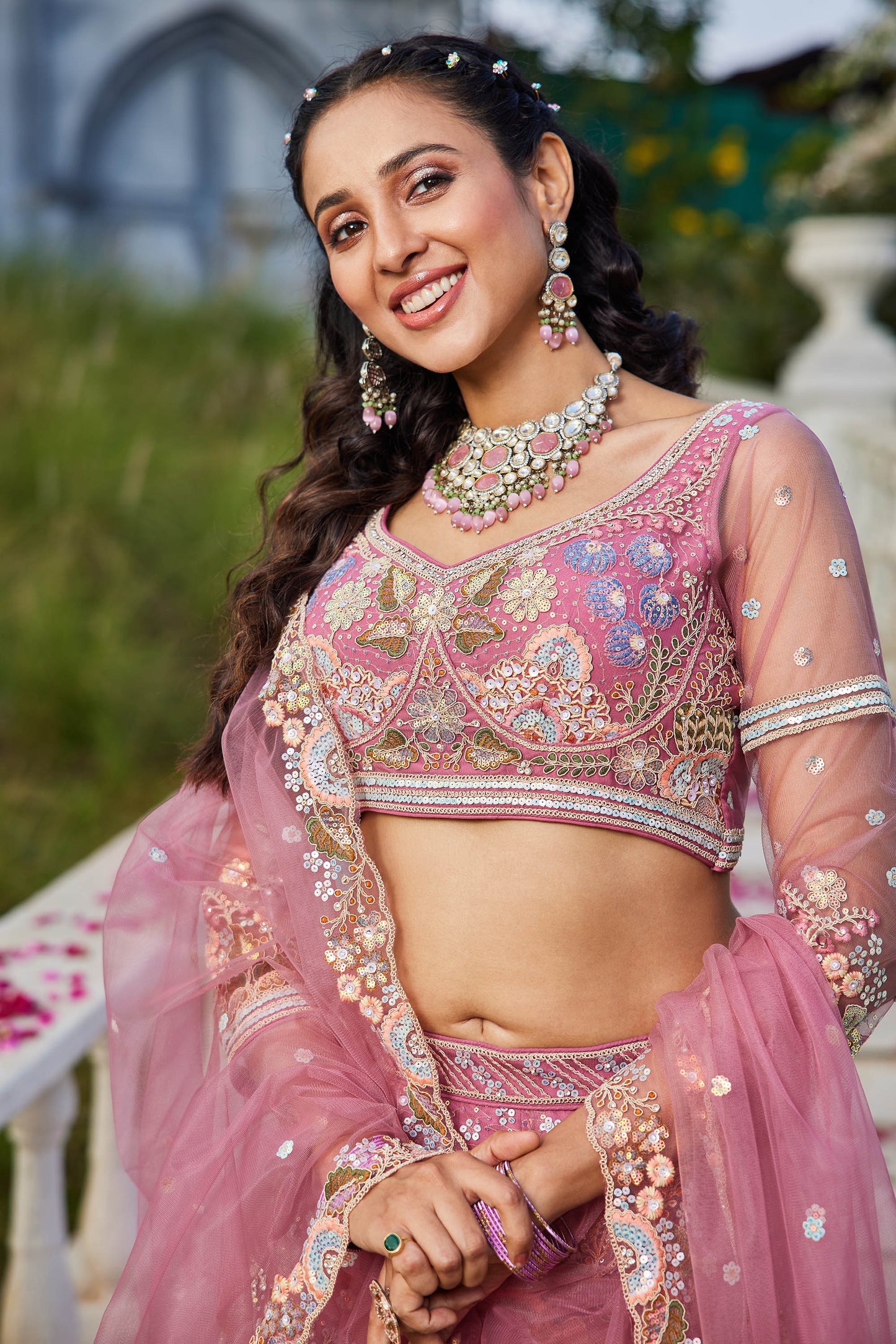 Pink net with Coding & Zarkan embroidery Lehenga choli & Dupatta