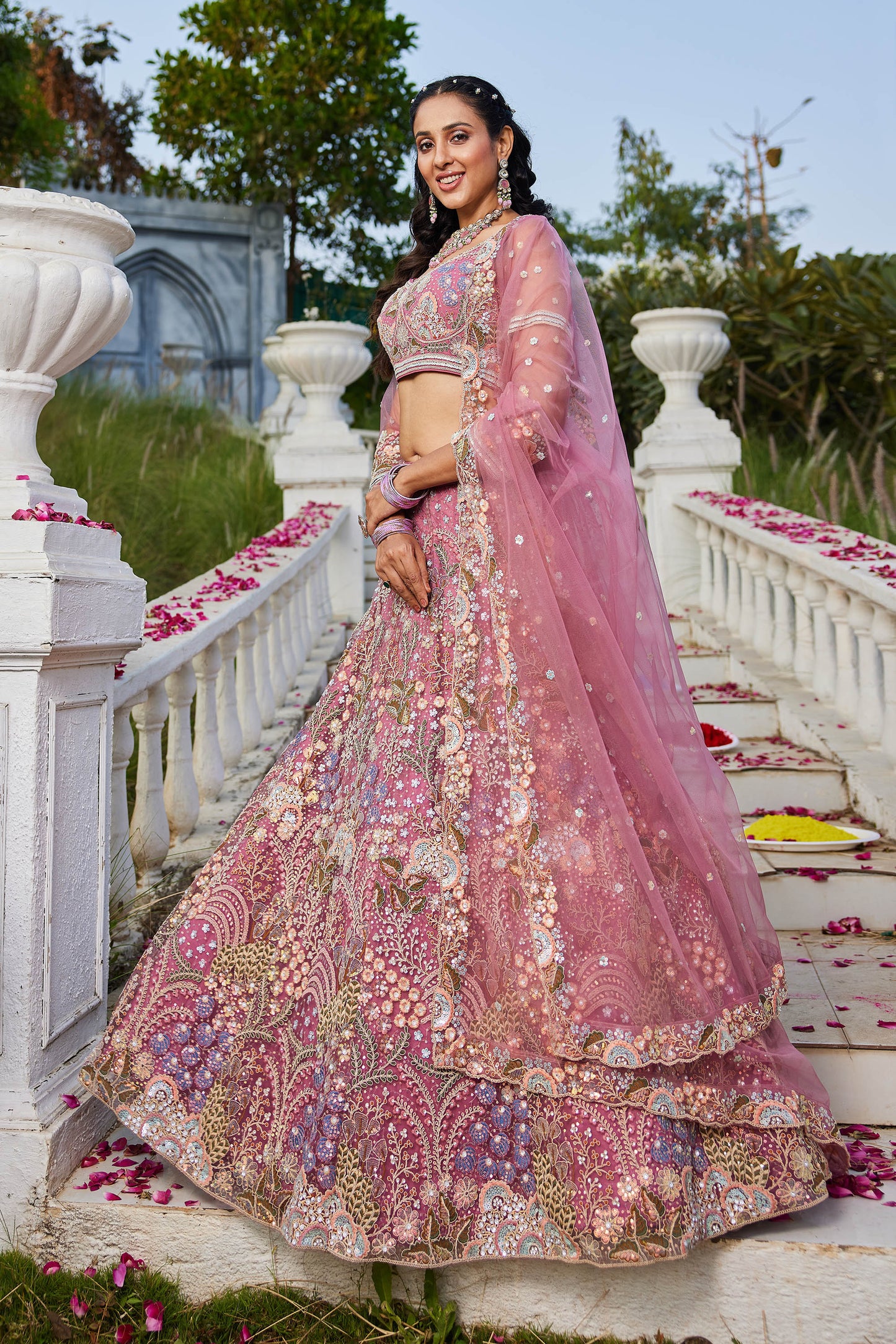 Pink net with Coding & Zarkan embroidery Lehenga choli & Dupatta
