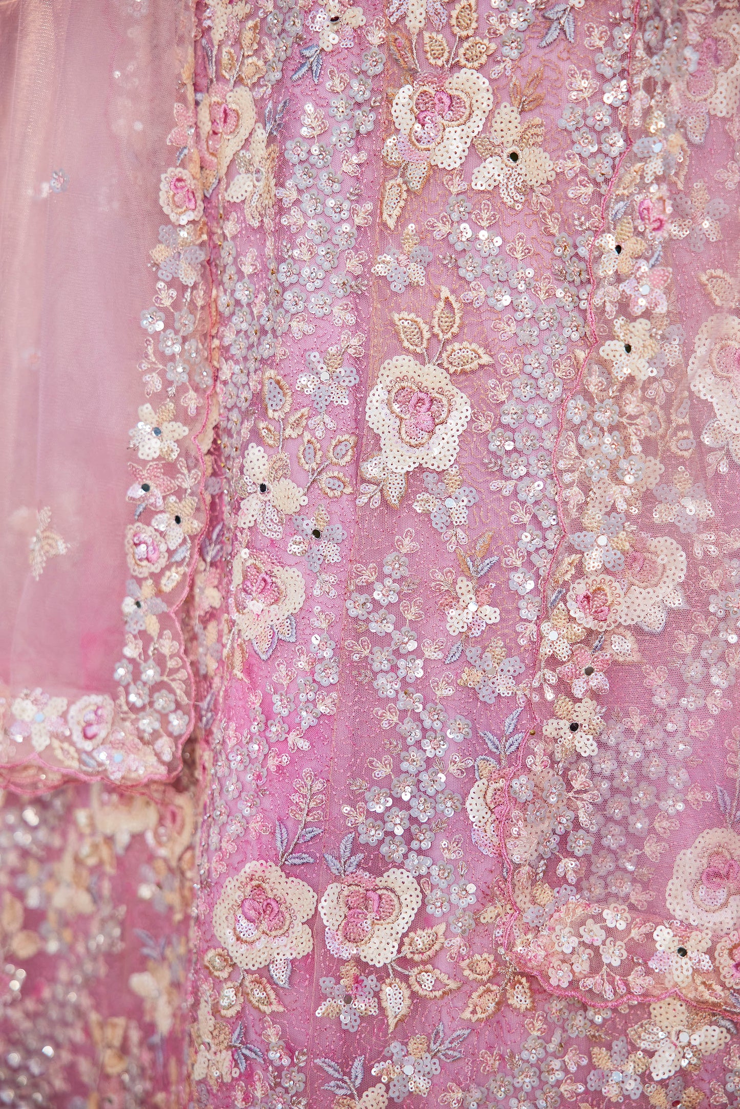 Pink net with Sequinse & Zarkan embroidery Lehenga choli & Dupatta