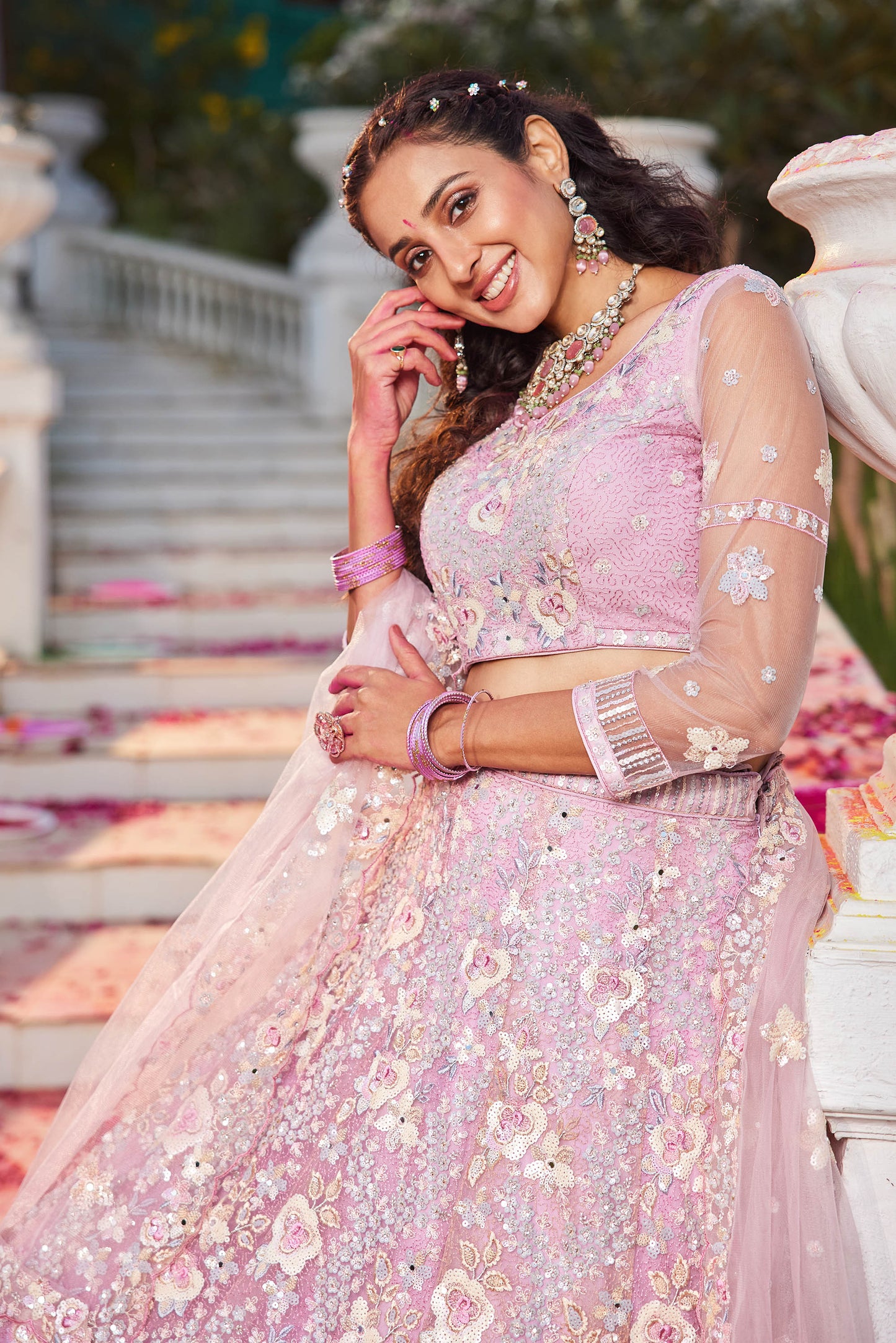 Pink net with Sequinse & Zarkan embroidery Lehenga choli & Dupatta